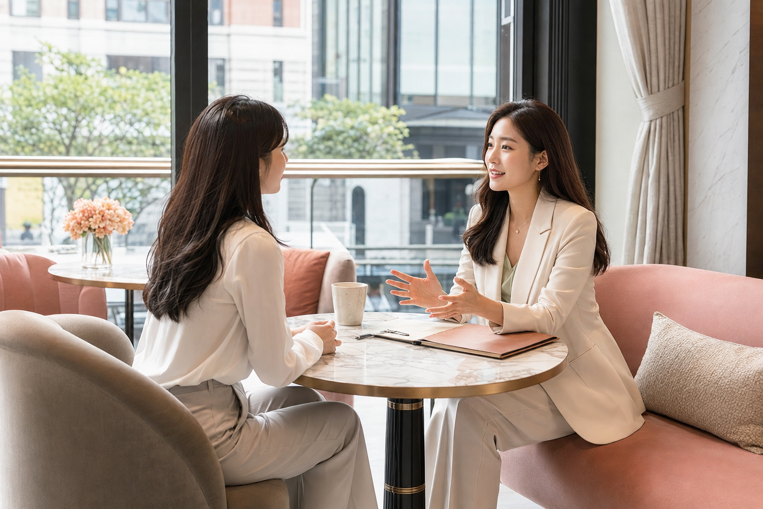 카페에서 상담하는 젊은 한국 여성들